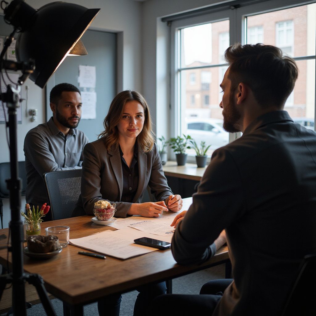 Three people in an office. Two interviewers face a person at a table with papers. A spotlight shines.