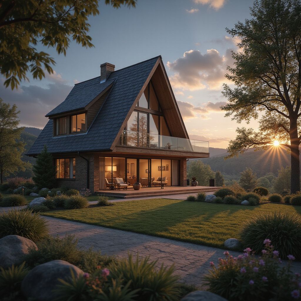 A-frame house with large windows, stone facade, and a deck at sunset. Lawn, trees, and mountains in the background.