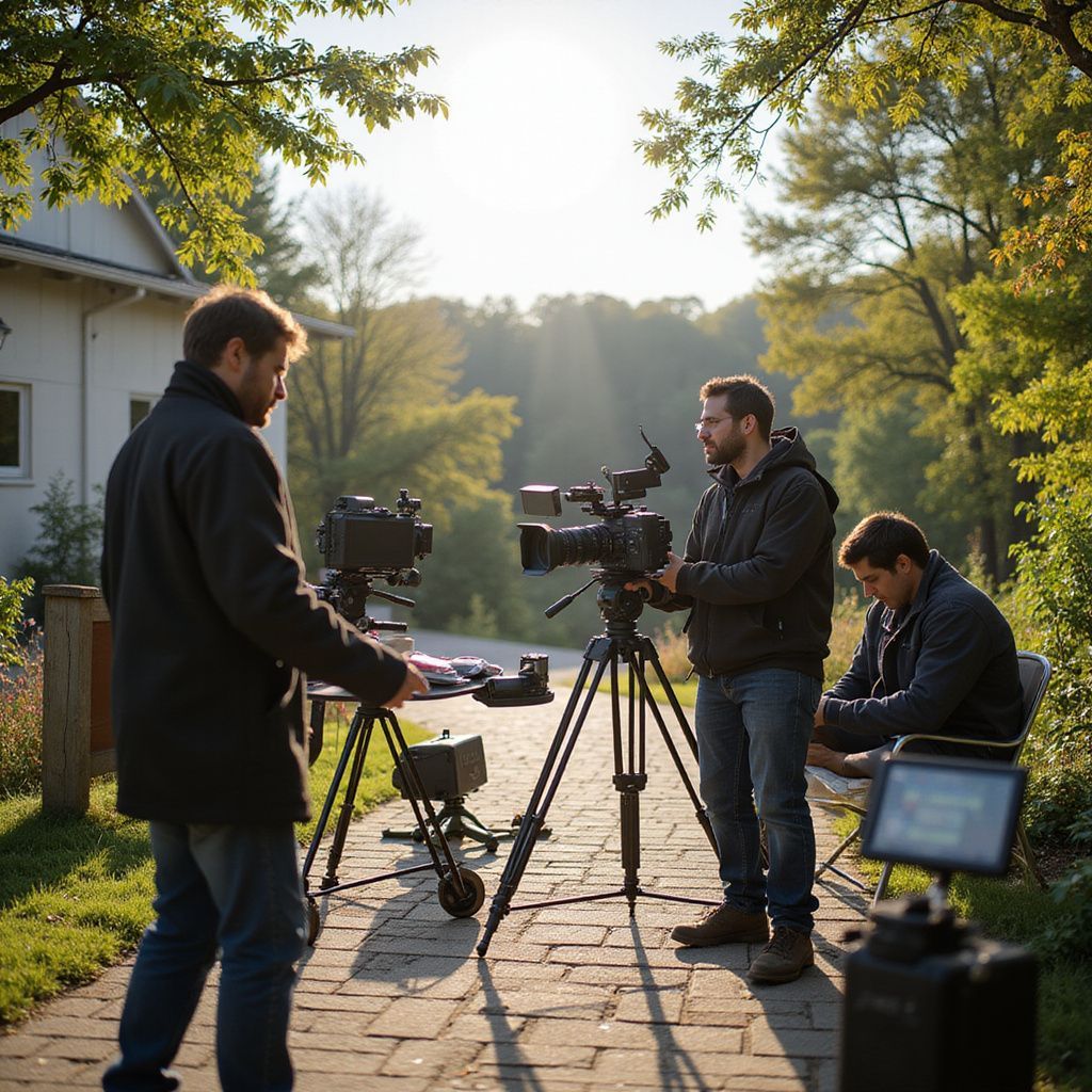 Three people filming outdoors with cameras on tripods. Sunlight and greenery are visible.