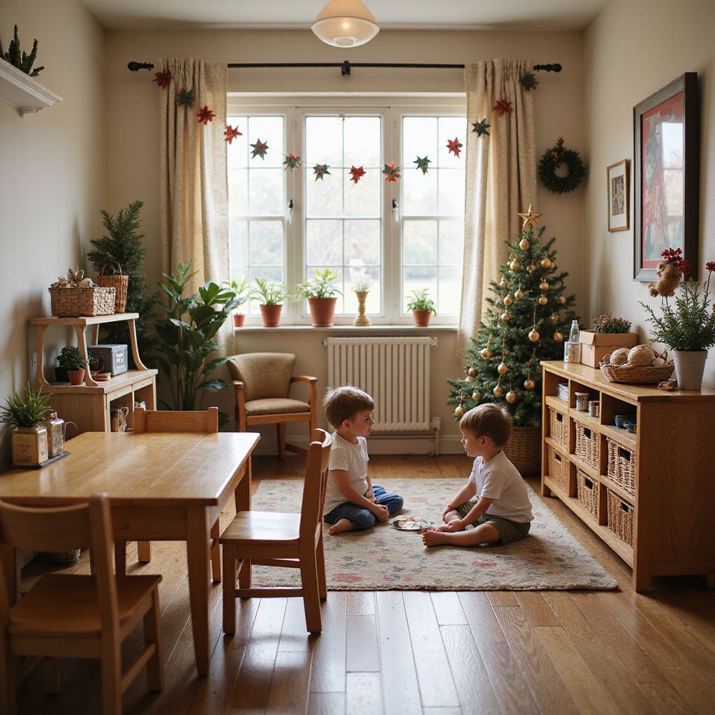 Two children sit on a rug playing in a cozy room, decorated for Christmas.