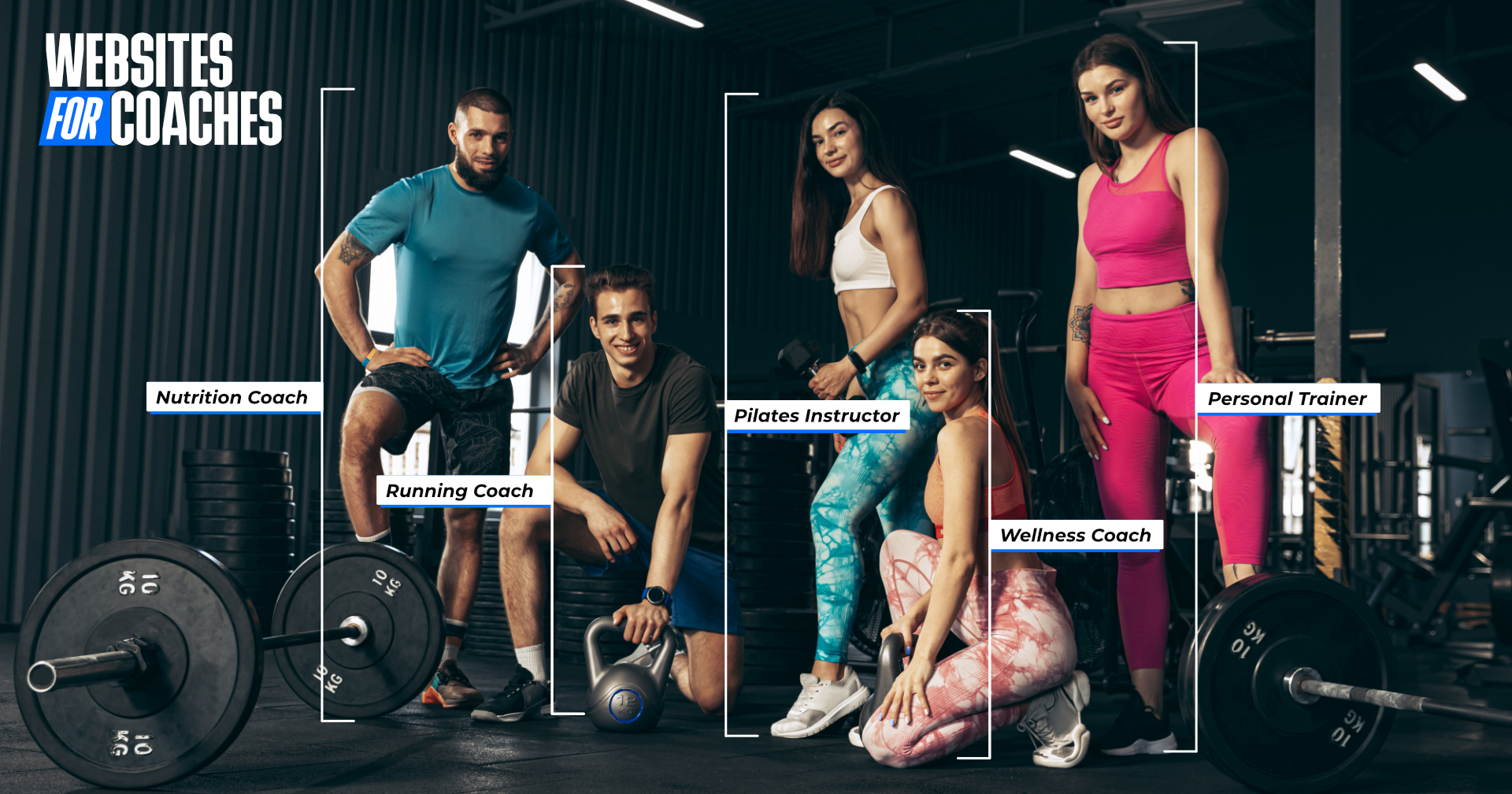 A group of people are posing for a picture in a gym. Our ideal clients at Websites For Coaches