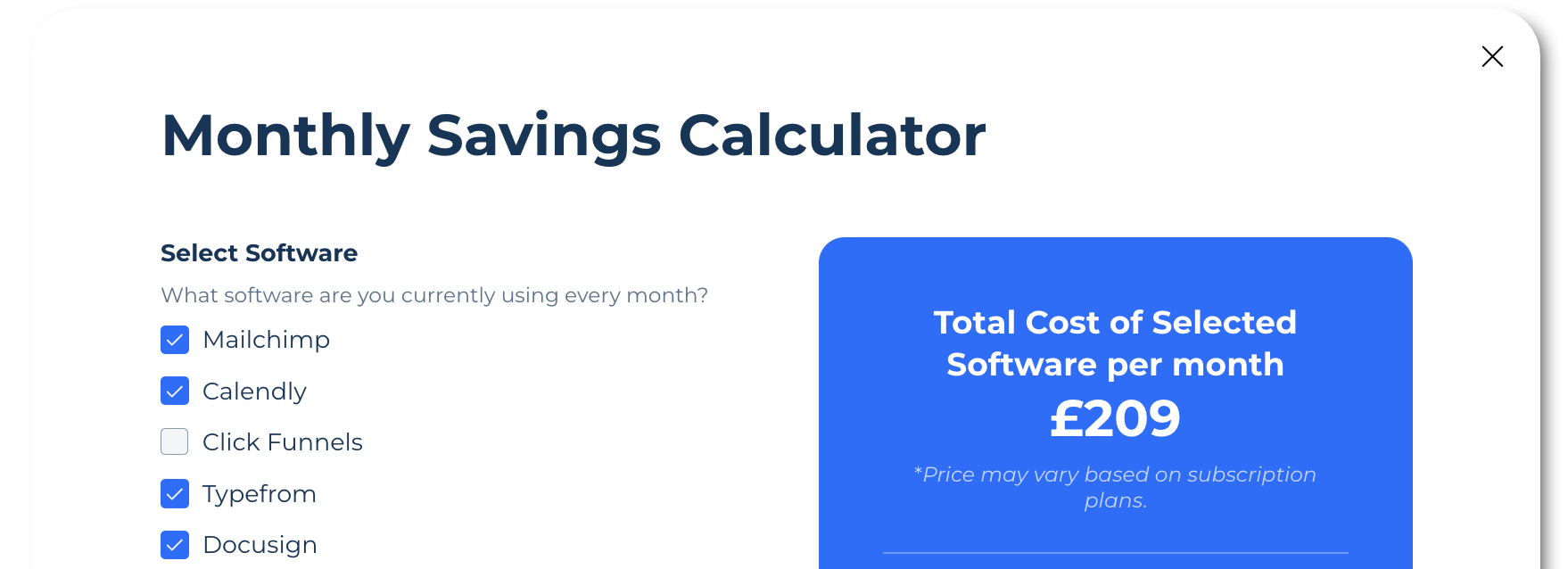 A monthly savings calculator shows the cost of selected software per month