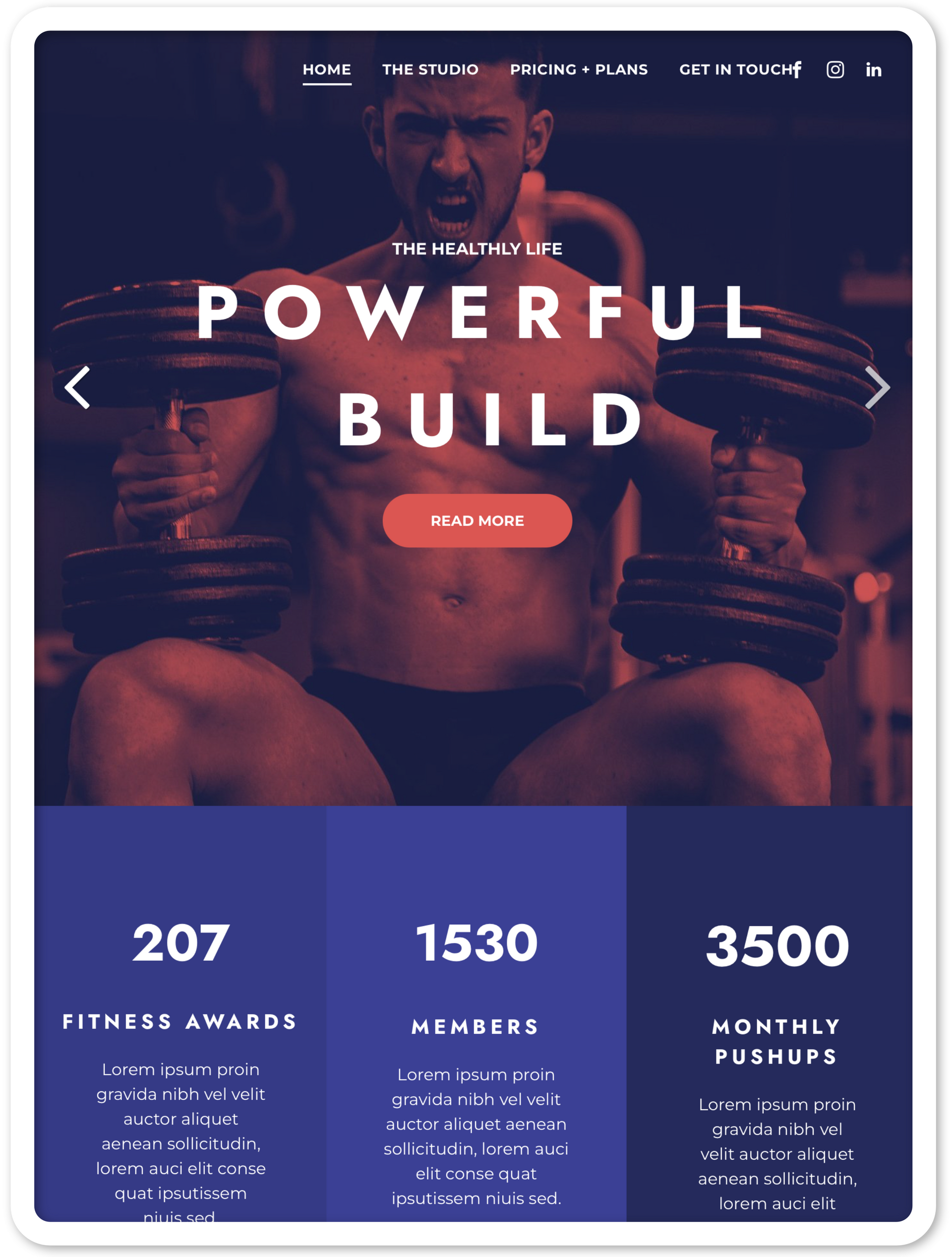 A man is lifting dumbbells on a tablet screen that says powerful build