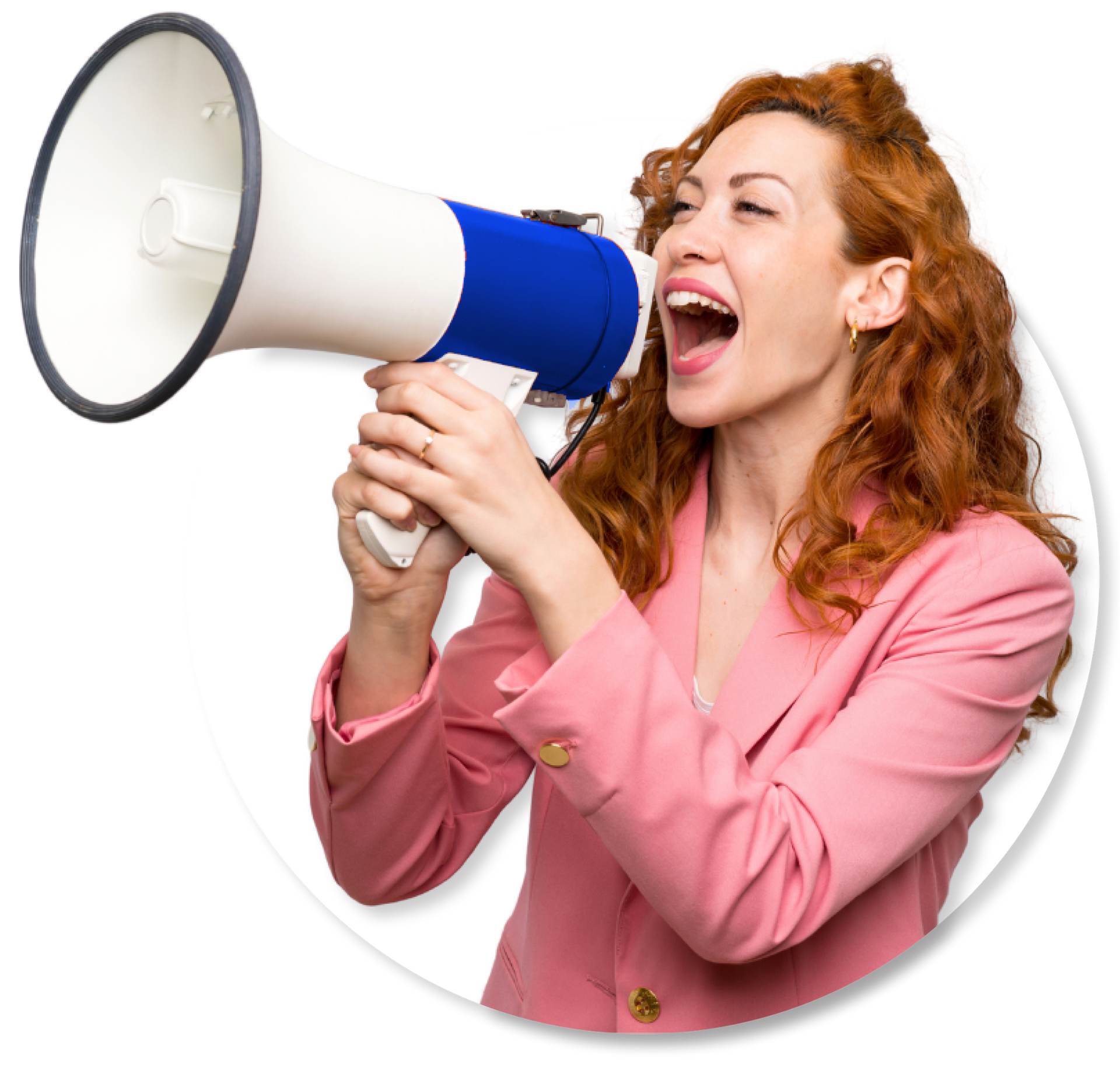 A woman in a pink jacket is holding a megaphone with her mouth open.