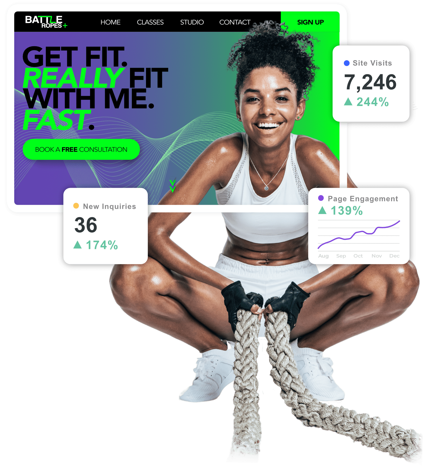 A woman is squatting down with a rope in front of a website that says get fit really fit with me.