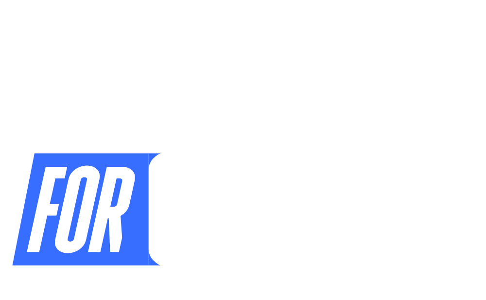 A blue and white logo on a white background that says `` for ''.