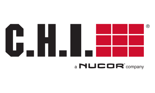 C.H.I. logo: black text with red square grid; 