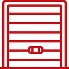 Red outline of a garage door, closed, with a handle in the center.