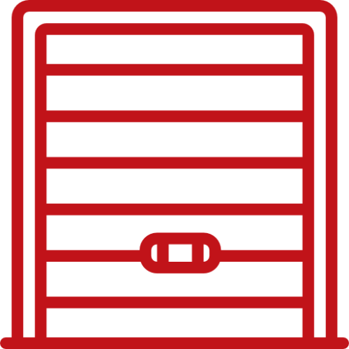 Red outline of a garage door, closed, with a handle in the center.