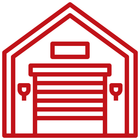 Red warehouse icon with roll-up door, roof, and side supports.