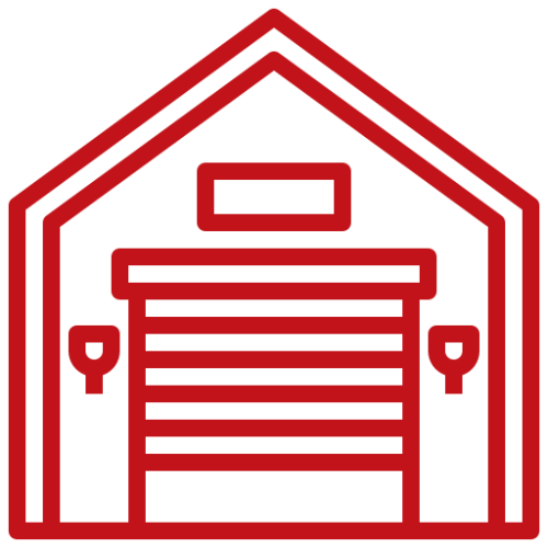 Red warehouse icon with roll-up door, roof, and side supports.