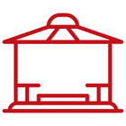 Red line drawing of an outdoor gazebo with roof and benches.