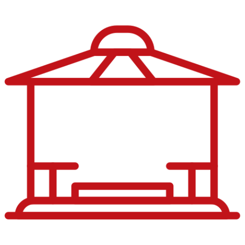 Red line drawing of an outdoor gazebo with roof and benches.