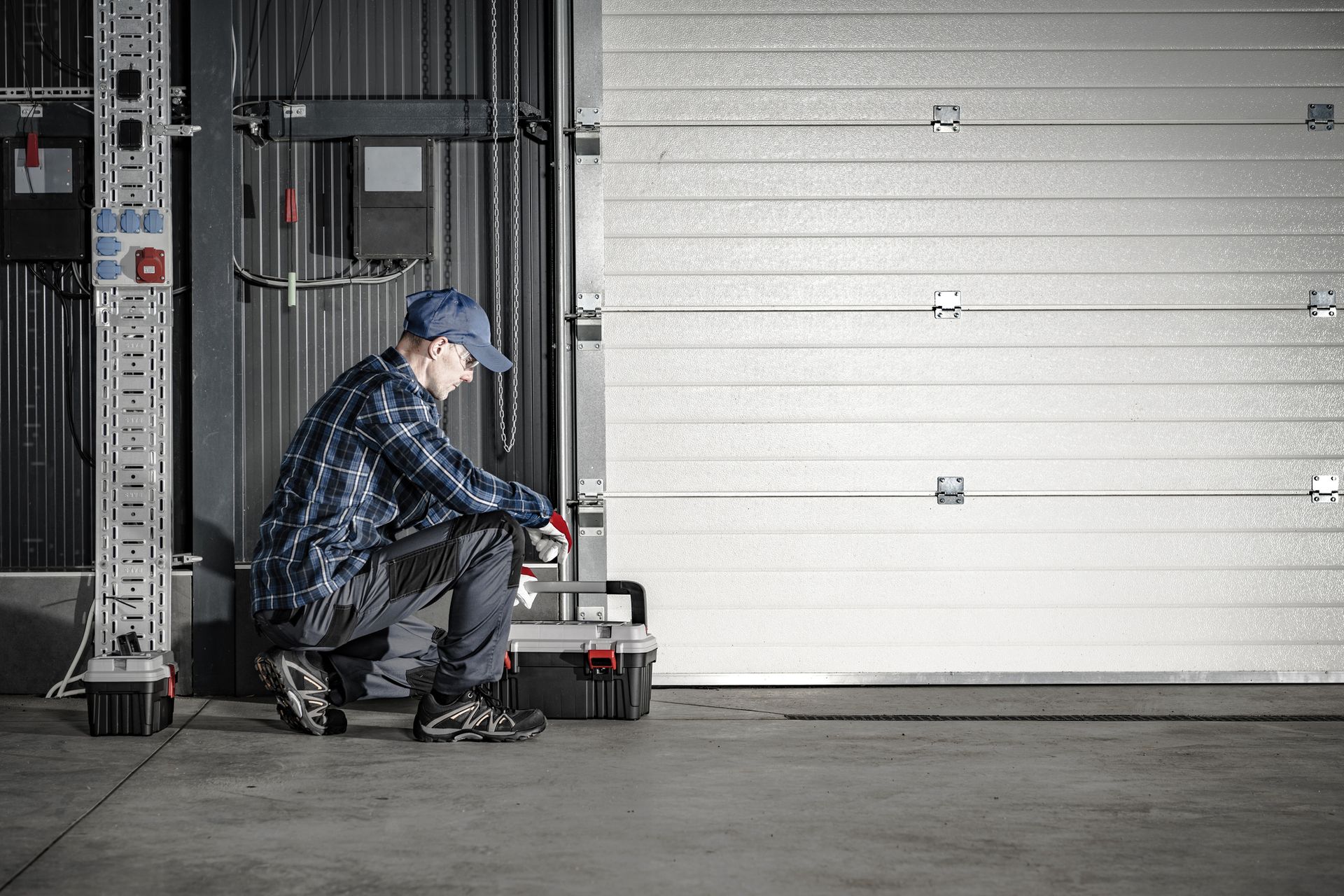 Person in blue work clothes crouching next to a closed industrial garage door.