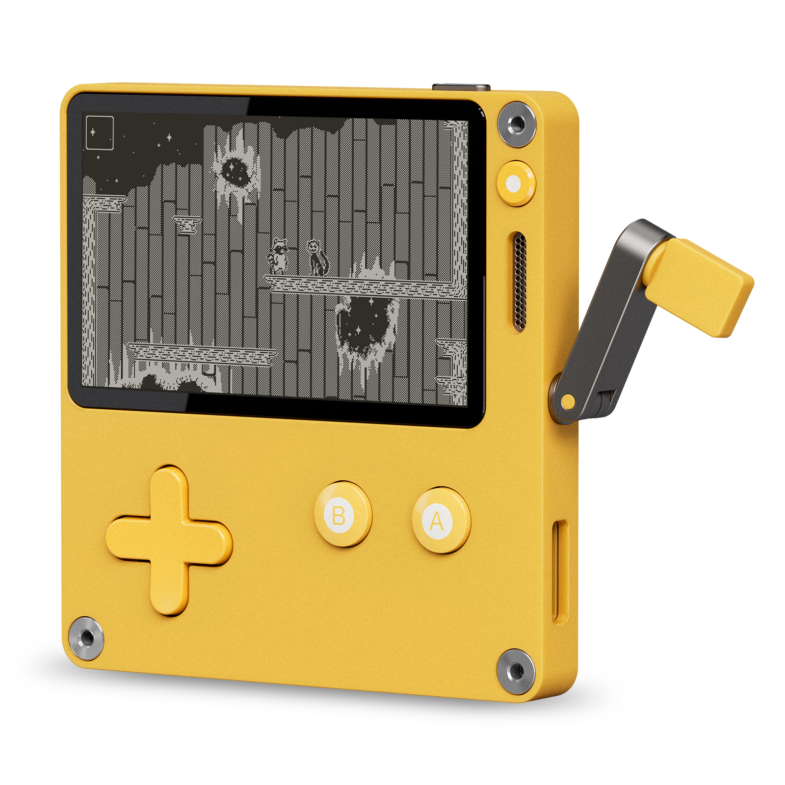 A yellow video game console with a black and white screen