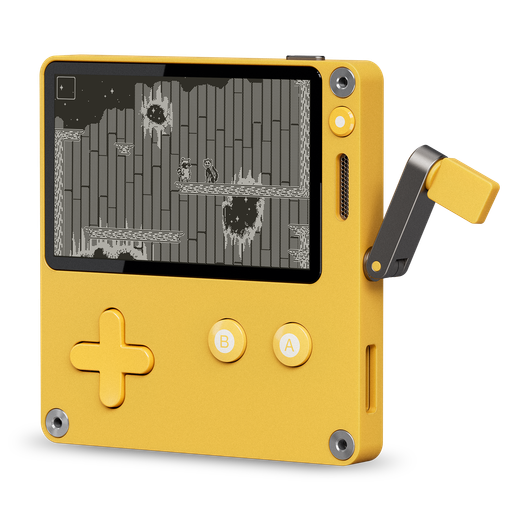 A yellow video game console with a black and white screen