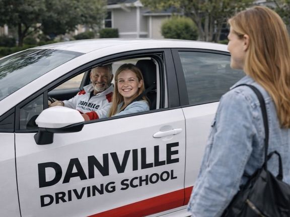 Woman driving with instructor; sunlit car interior. Instructor writing, smiling woman at the wheel.