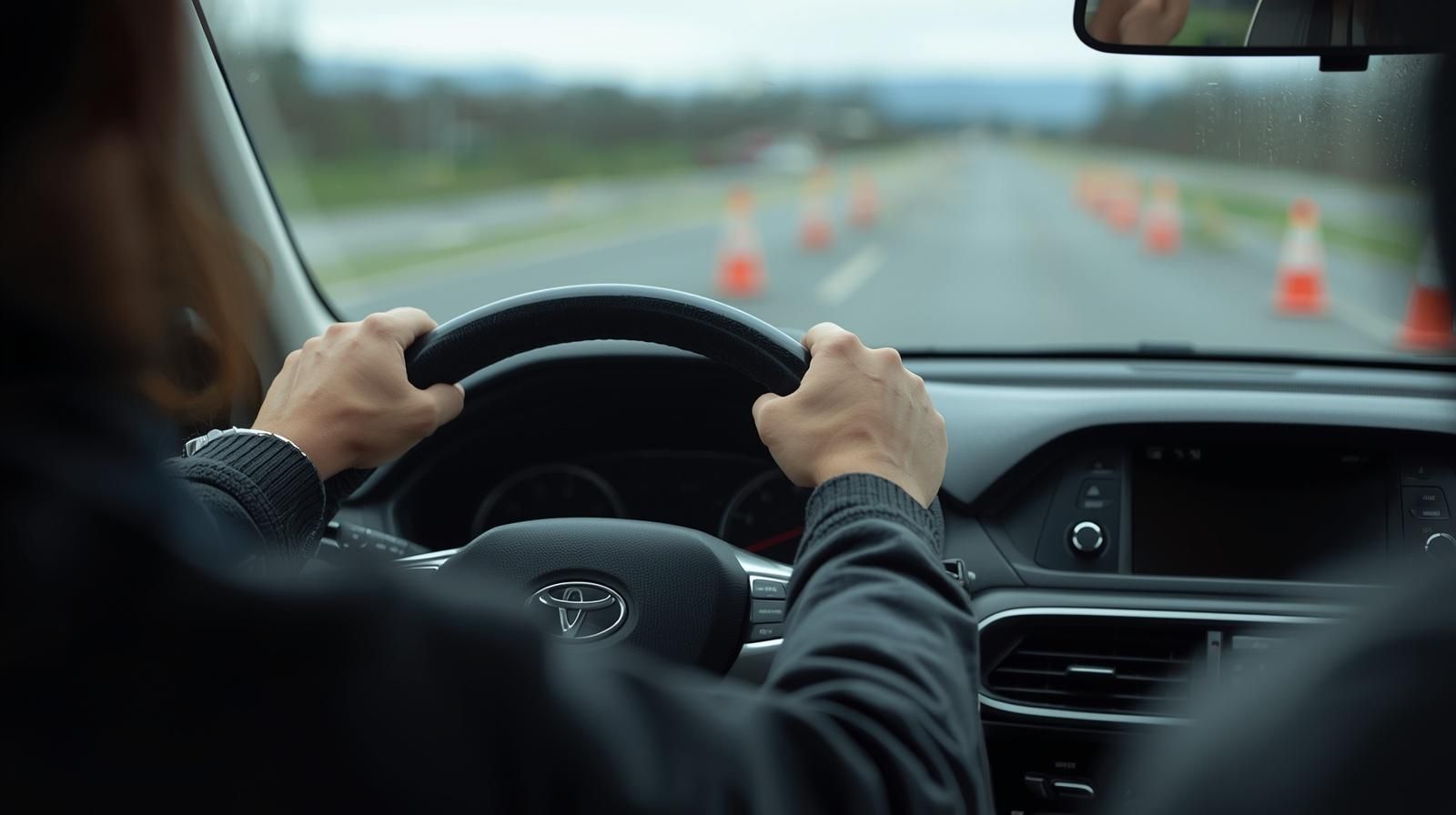 Driver gripping steering wheel on a highway with orange traffic cones ahead, seen from inside the car