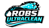 Logo for Robs UltraClean: pressure washer spraying blue water; black and blue text.