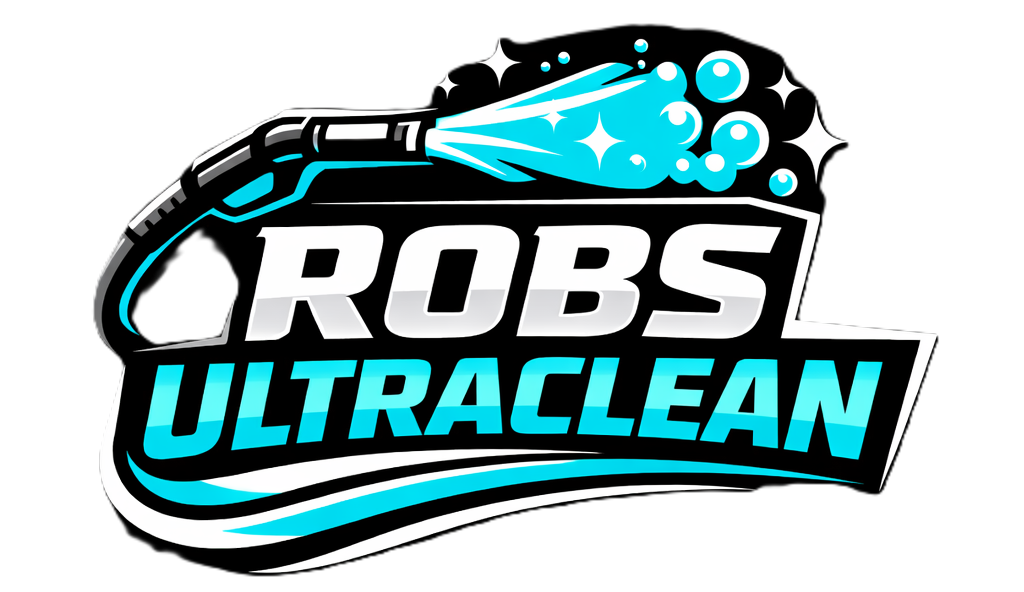 Logo for Robs UltraClean: pressure washer spraying blue water; black and blue text.