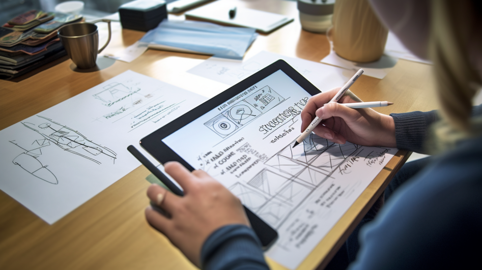 woman designer's hands working on a tablet, sketching out website wireframe