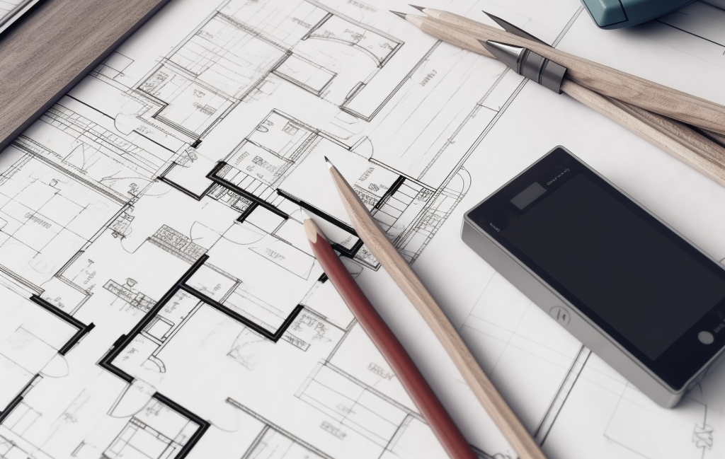 A drawing of a house with pencils and a cell phone