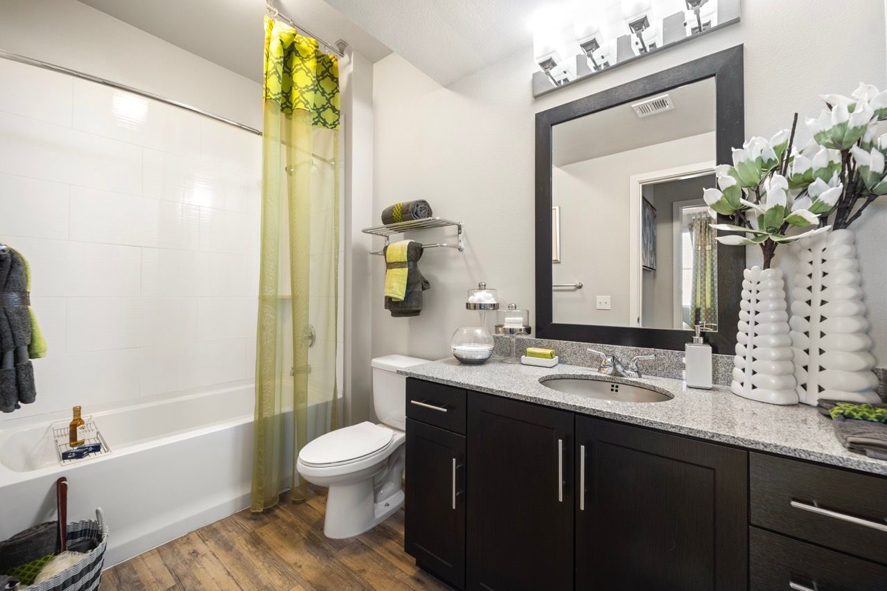 Bathroom in an apartment showing a dark wood vanity with granite countertop, mirror, toilet, and tub with shower curtain.