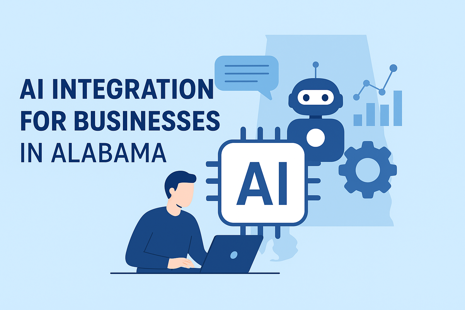 Blue graphic promoting AI integration for Alabama businesses. A person works on a laptop; a robot, and data icons.