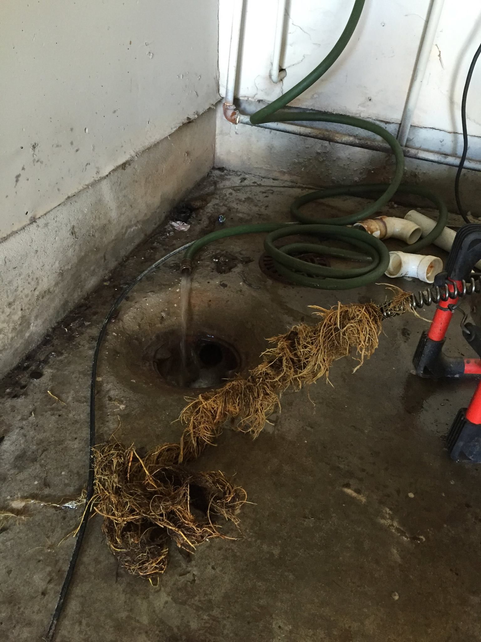 A hose is coming out of a hole in the floor.