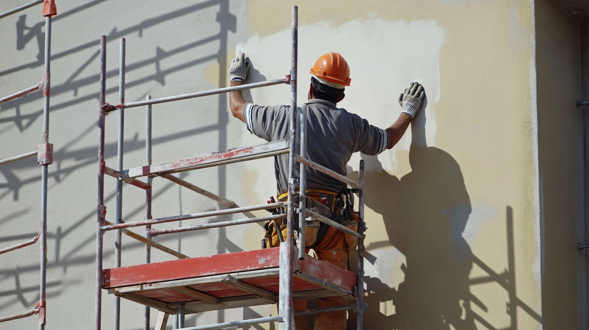 A man is standing on a scaffolding painting a wall.