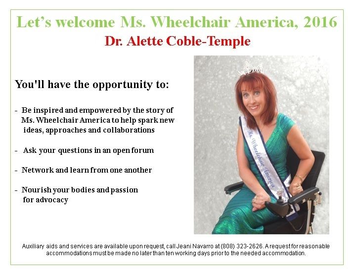 A picture of a woman in a wheelchair with the words let 's welcome ms. wheelchair america 2016