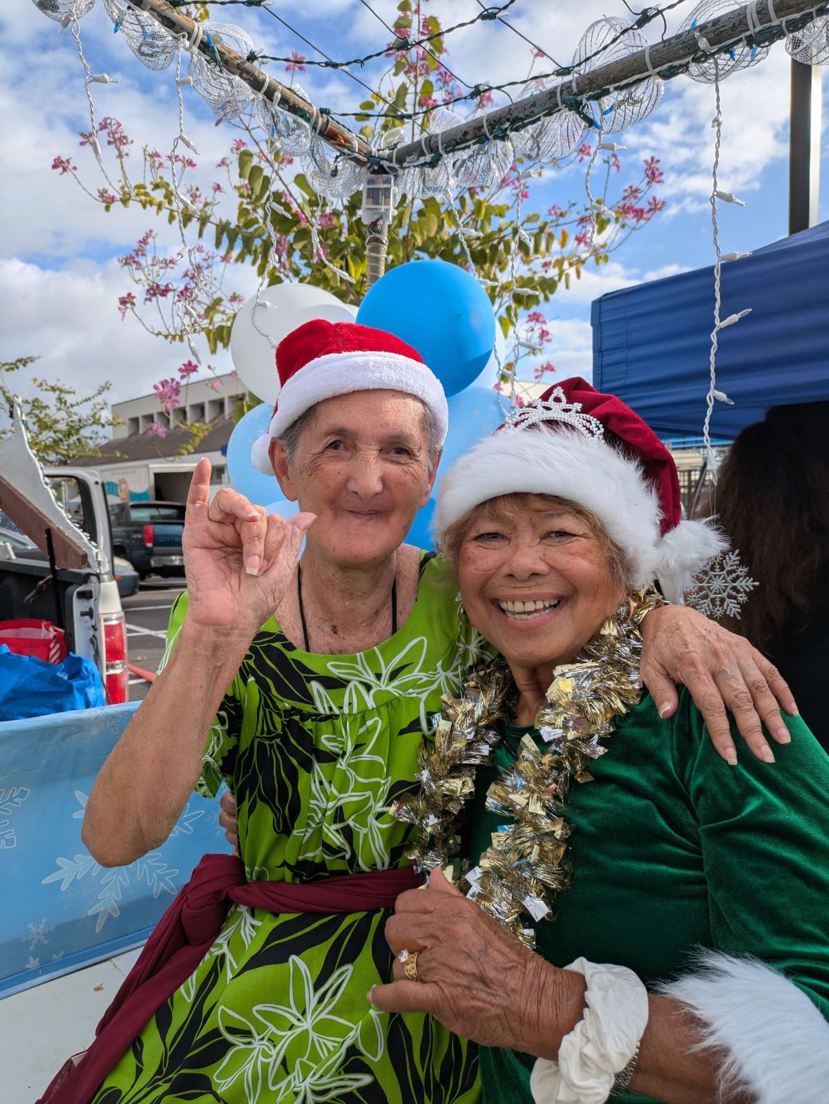 Two older women wearing santa hats are posing for a picture.