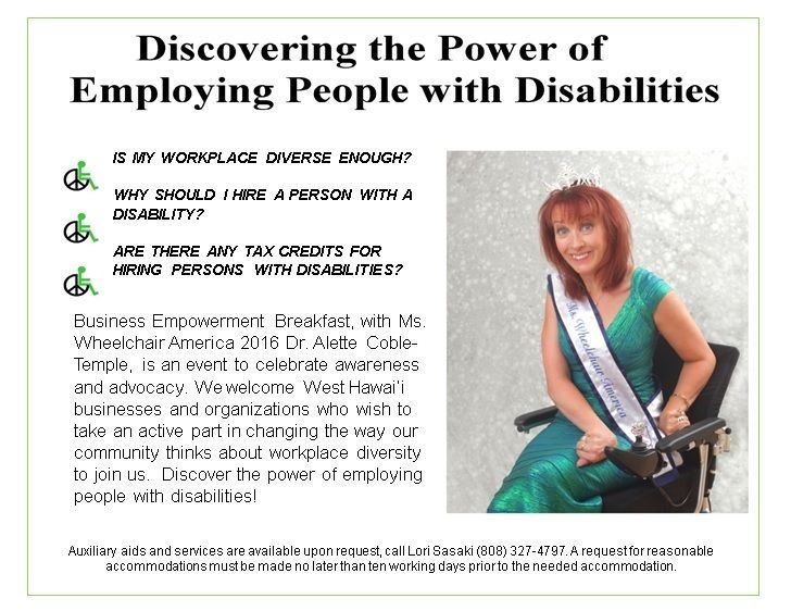 A woman in a wheelchair is wearing a sash that says discovering the power of employing people with disabilities
