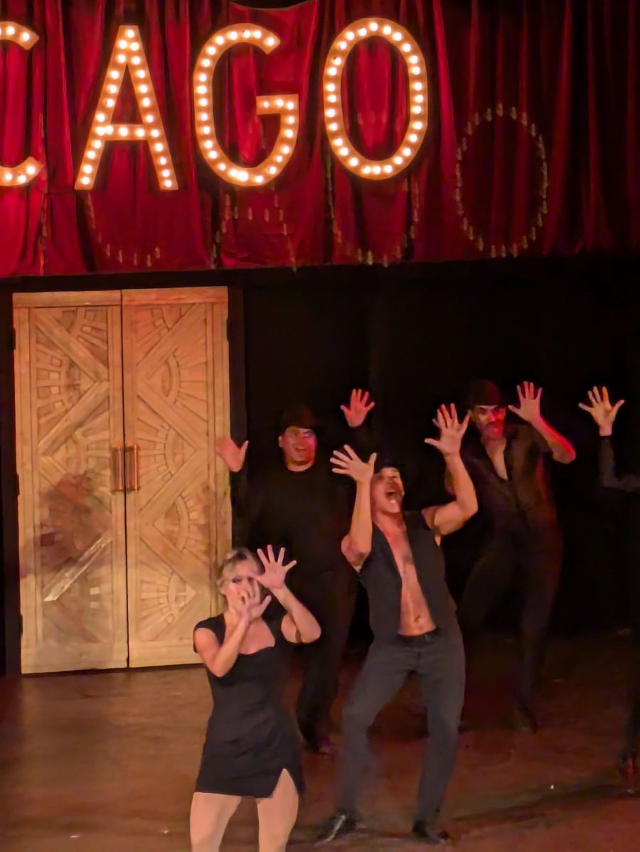 A group of people are dancing in front of a sign that says chicago