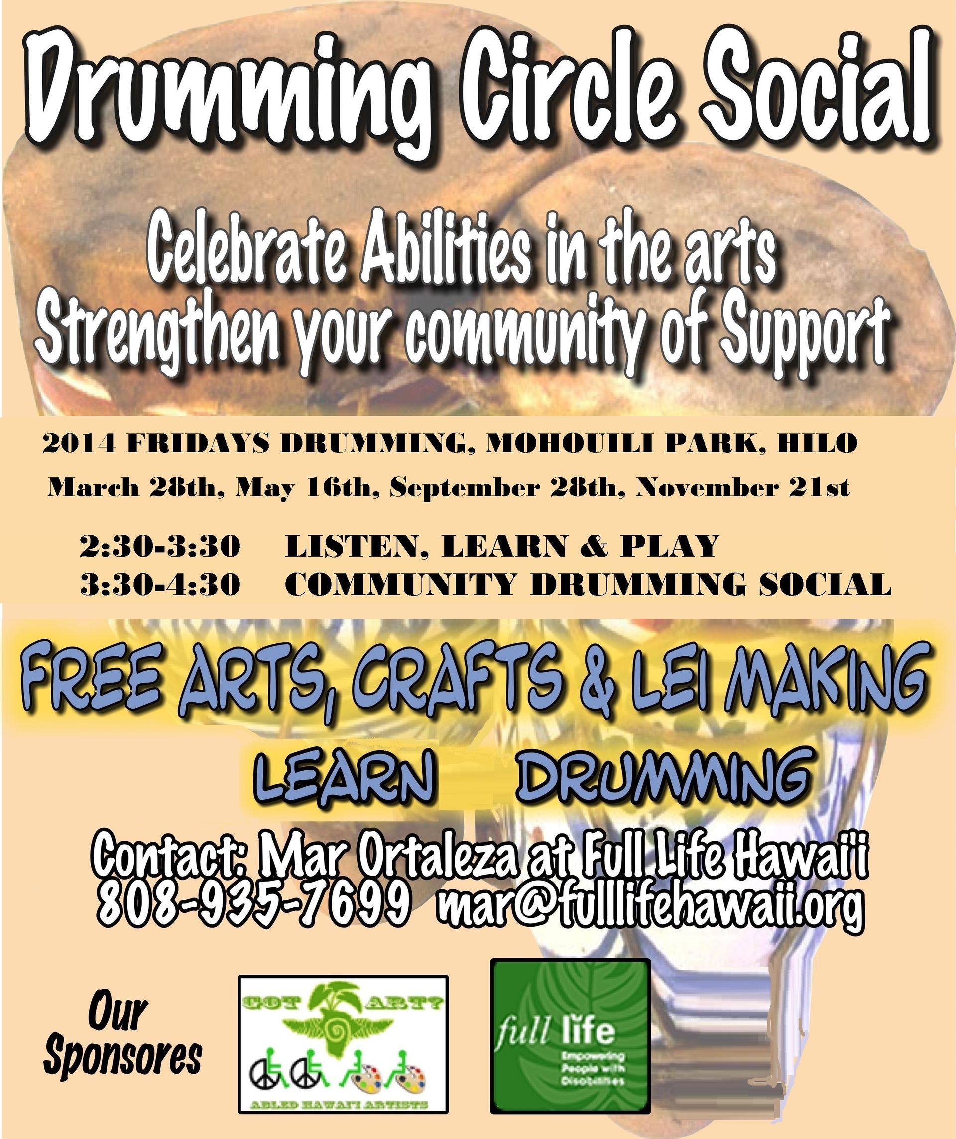 A poster for a drumming circle social that says celebrate abilities in the arts strengthen your community of support