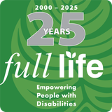 A green leaf with the words full life empowering people with disabilities on it