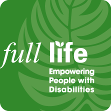 A green leaf with the words full life empowering people with disabilities on it