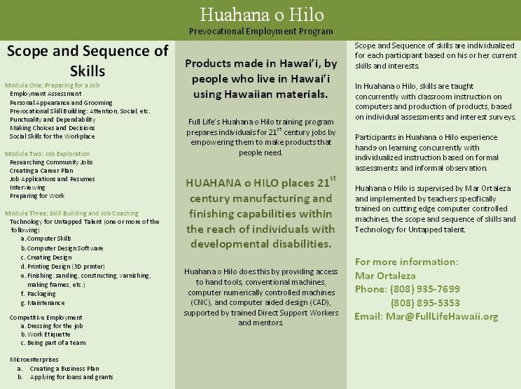 A pamphlet titled huamana o hilo scope and sequence of skills