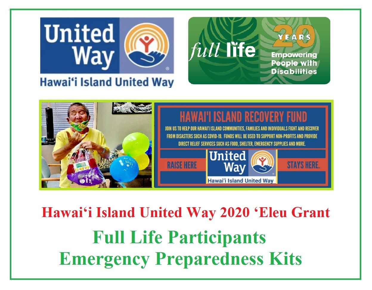 Hawaii island united way 2020 eleu grant full life participants emergency preparedness kits