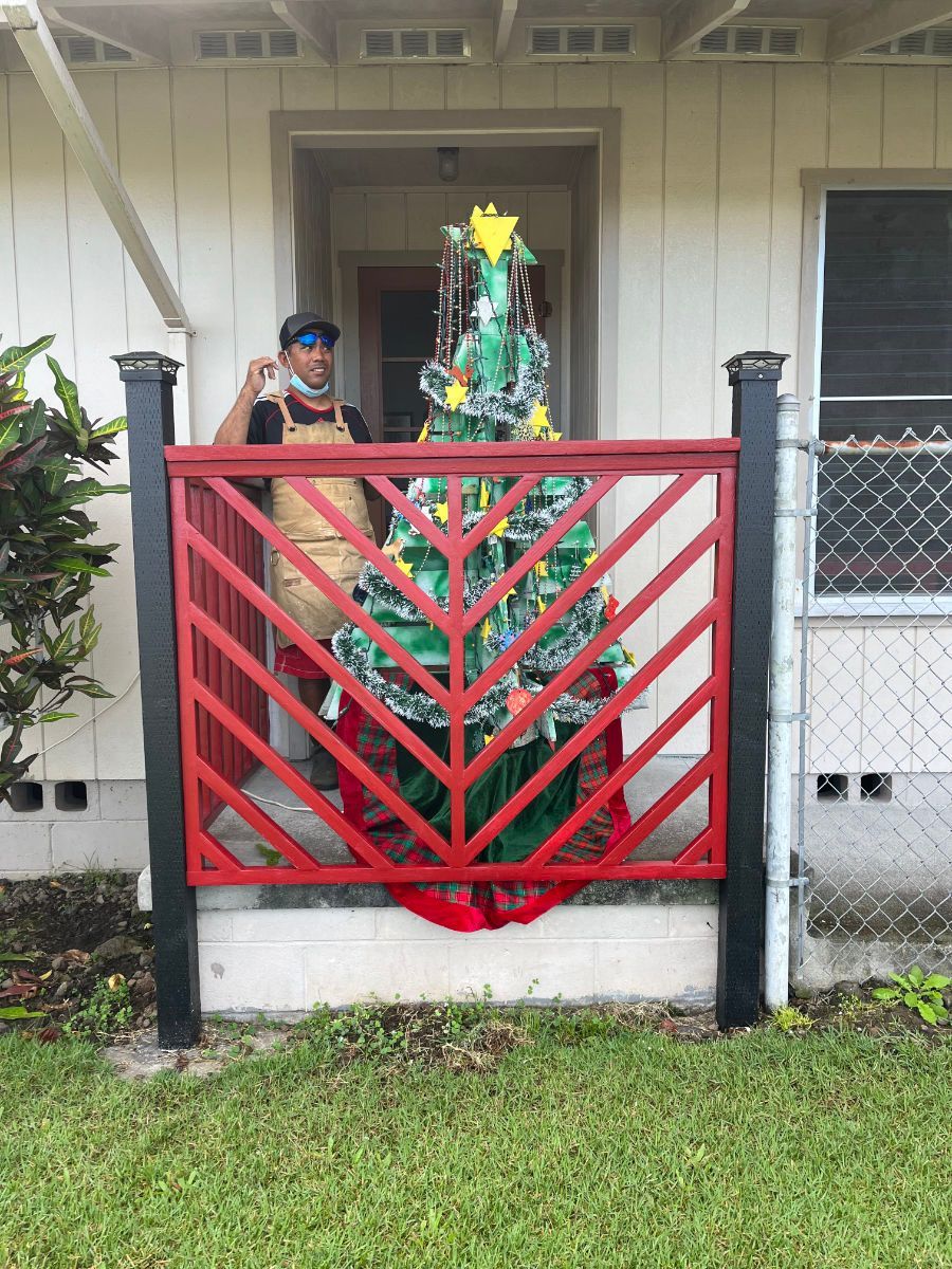 A man standing on a porch with a christmas tree in front of him