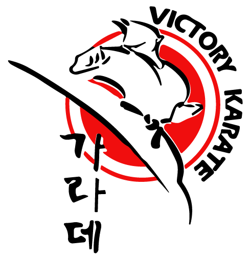 the logo for victory karate is a drawing of a person jumping in the air .