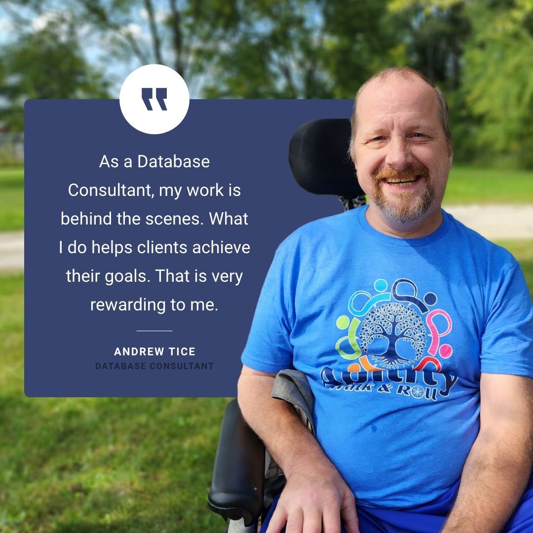 Man in a wheelchair smiles, quote about being a database consultant.