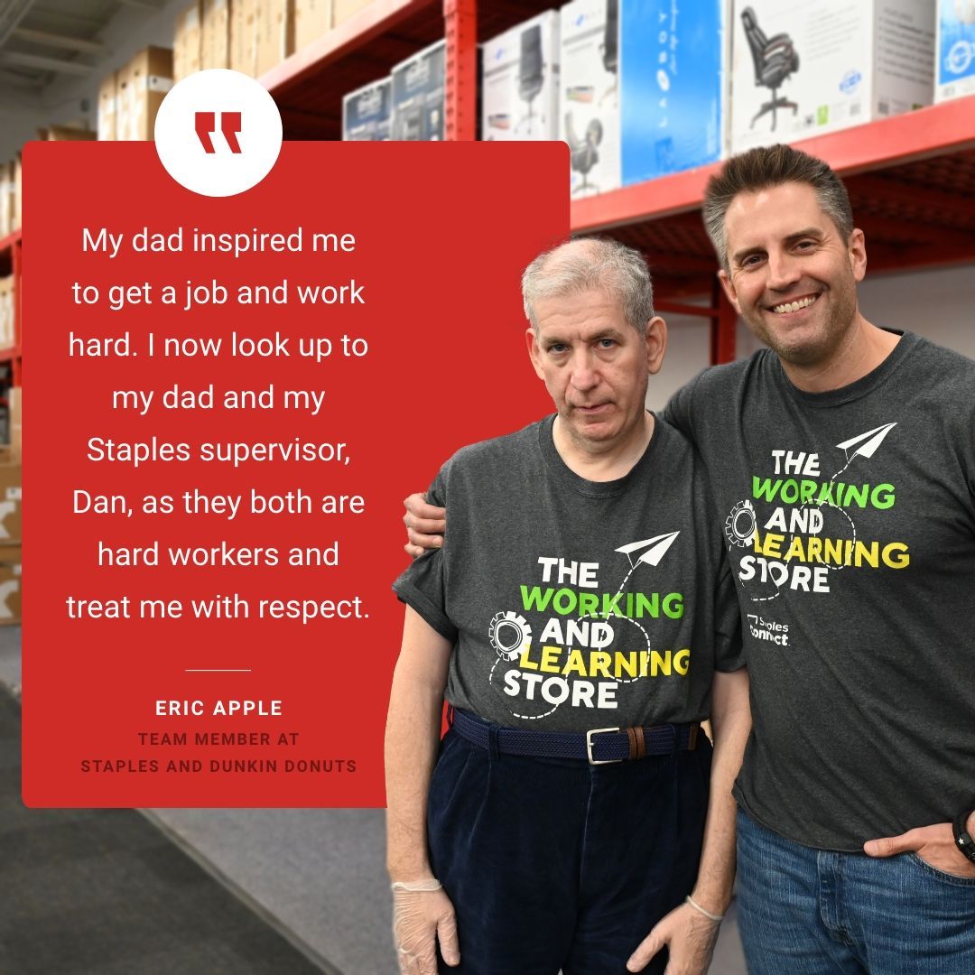 Two men in store, smiling. Text says one was inspired by his dad and supervisor Dan.