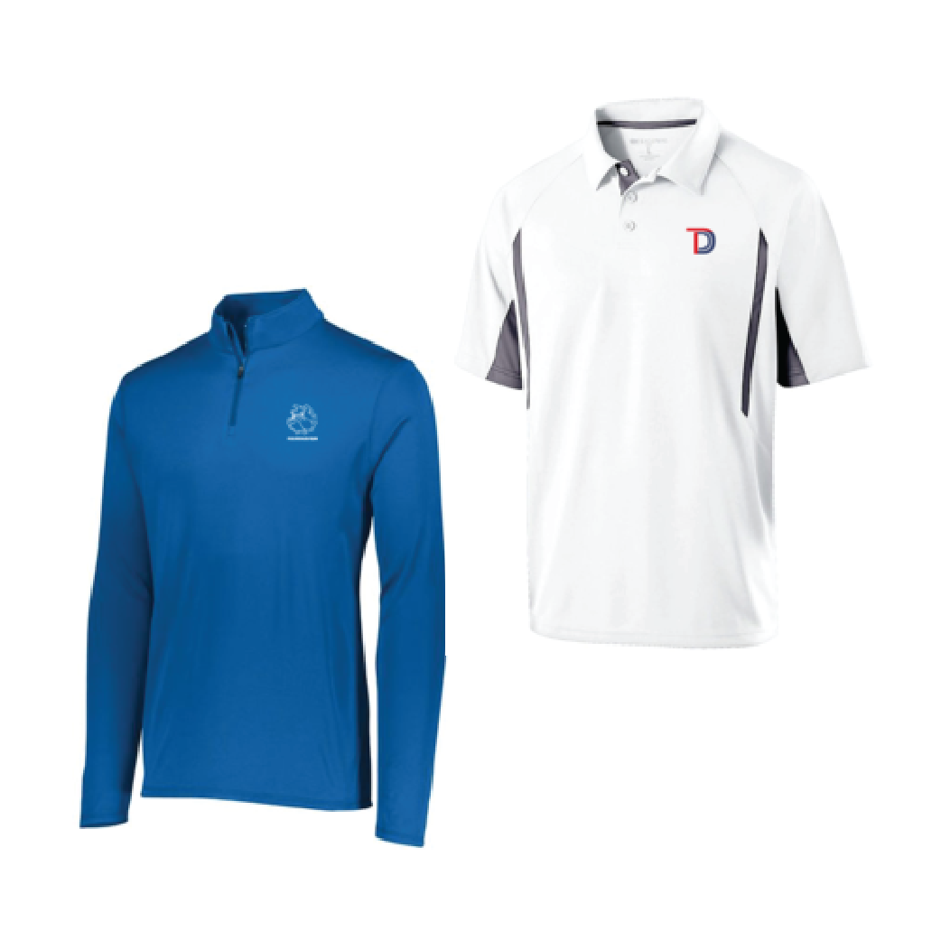 Blue pullover and white polo shirt with logo.