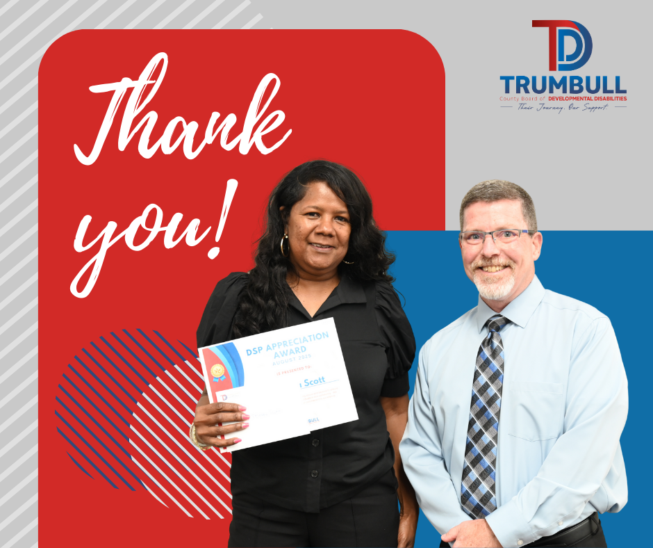 Woman and man smiling, holding certificate, red and blue background with