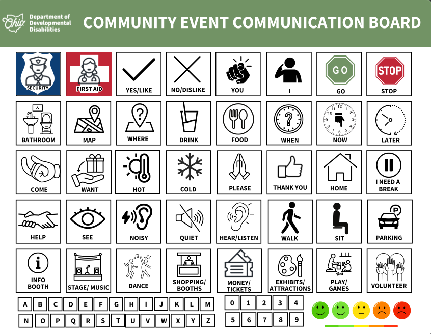Community event communication board with icons and letters for nonverbal communication.