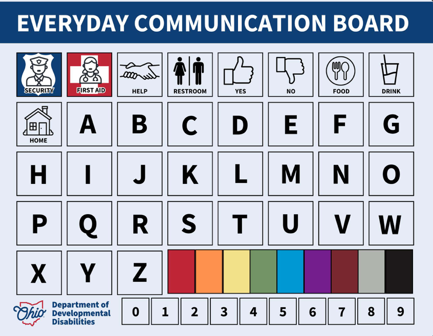 Everyday communication board with symbols and letters. Features Help, Restroom, and Food icons, plus numbers and color swatches.