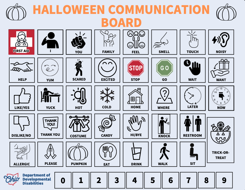 Halloween communication board with icons and words for various needs and actions.