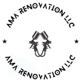 Logo for AMA Renovation LLC, featuring two crossed spray guns within a circular text border.