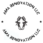Logo for AMA Renovation LLC, featuring two crossed spray guns within a circular text border.